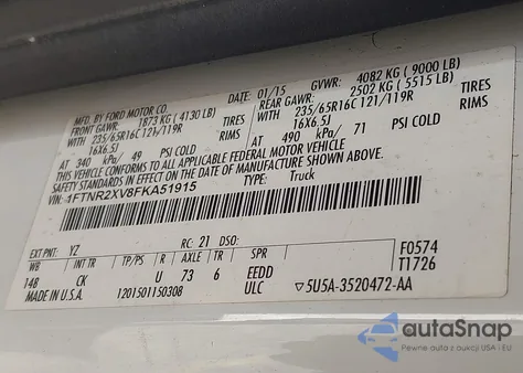 2015 Ford Transit-250 z USA, uszkodzony, nr VIN 1FTNR2XV8FKA51915